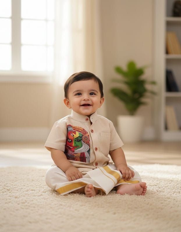 Kids Shirt and Mundu Cream Colour Theyyam Print